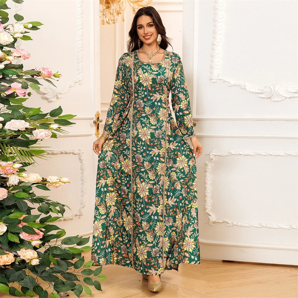 

Muslim Belted Dress Green Floral Printed Trimming Round Neck Fashion Gown Split Hem Robe Kaftan