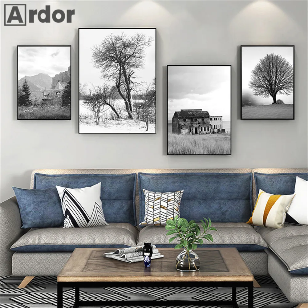 Black And White Canvas Poster Dry Grass Tree Print Arch Bridge Posters Fog Mountain Art Painting Nordic Wall Pictures Home Decor