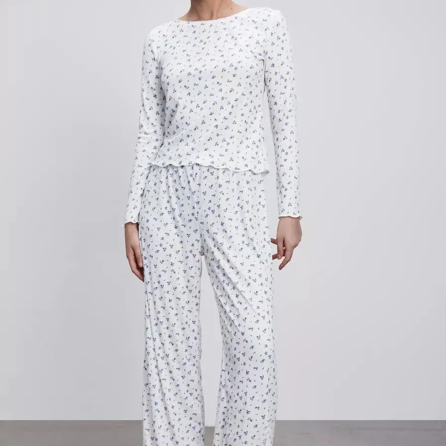 Autumn Knitted Jacquard Flower Print Long Sleeve Trousers Pajama Set 2PCS Breathable Comfortable Women's Home Clothes