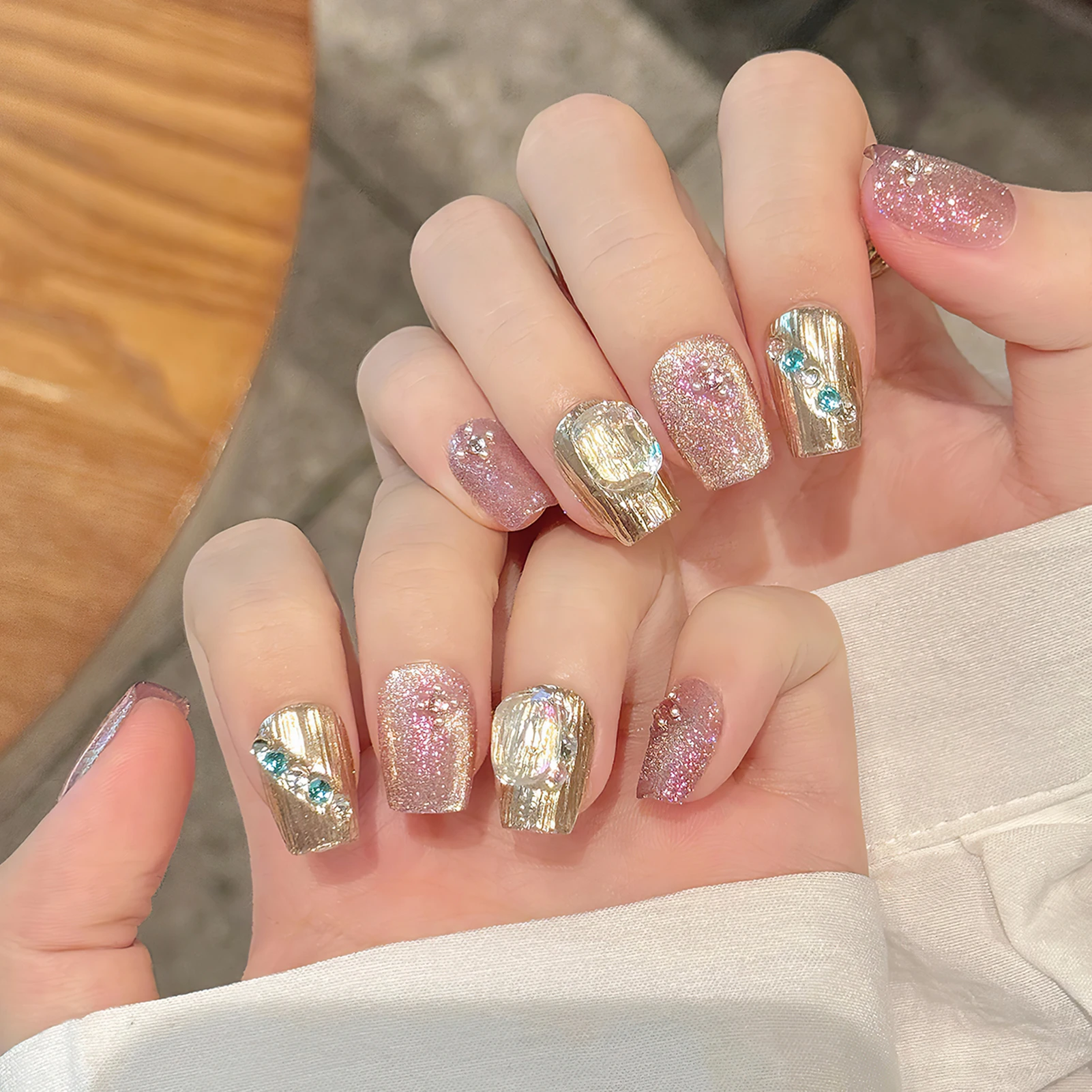 Uñas postizas hechas a mano con forma de ojo de gato, Aurora, Ballet, prensa en uñas acrílicas, uñas postizas doradas con decoración de diamantes brillantes, usable