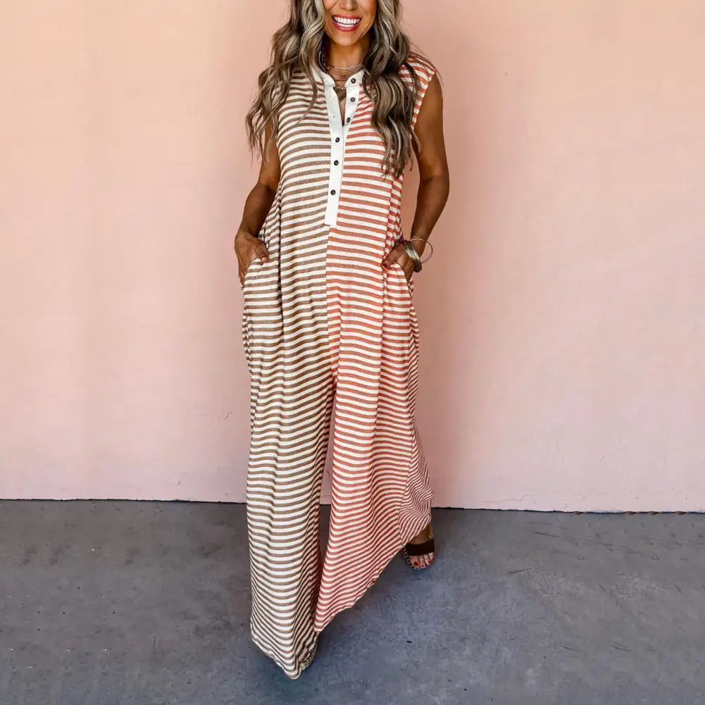 Women Striped Jumpsuit Chic Striped Print Sleeveless Jumpsuit with Wide Leg Buttons Side Pockets for Casual Daily Wear