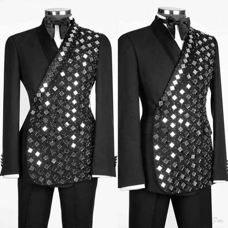 Customized Diamond Men Suits Luxury 2 Pieces Sets Single-Breasted Groom Tuxedos Wedding Blazers Outfit Slim ropa hombre