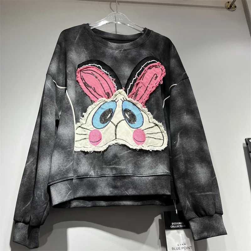 2025, Herbst, neue kurze Y2k-Kapuzenpullover, Rundhalsausschnitt, lange Ärmel, Farbverlaufsblock, Cartoon-Muster, lockeres, vielseitiges Sweatshirt