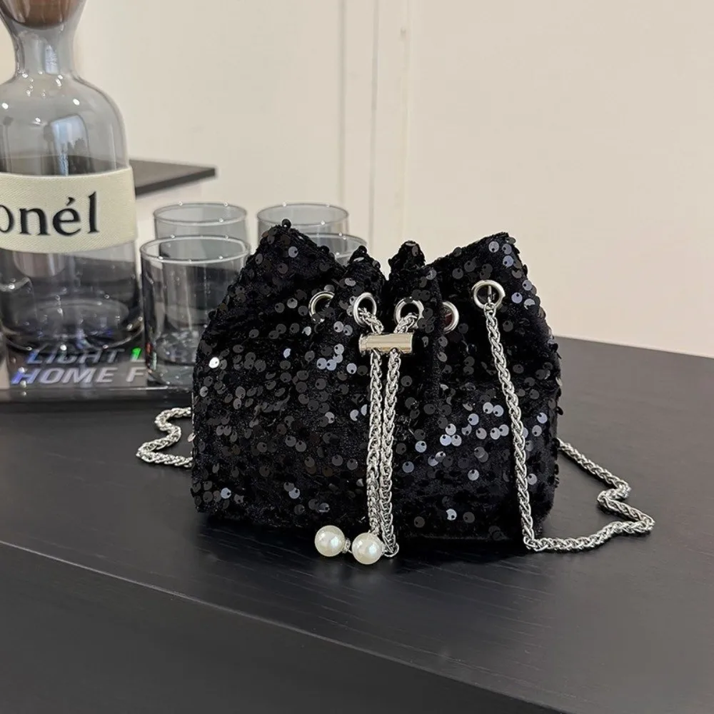 Fashionable Sparkly Sequin Bucket Bag Drawstring Chain Crossbody Evening Bag Pearl Pendant Soft Shoulder Bag Dating