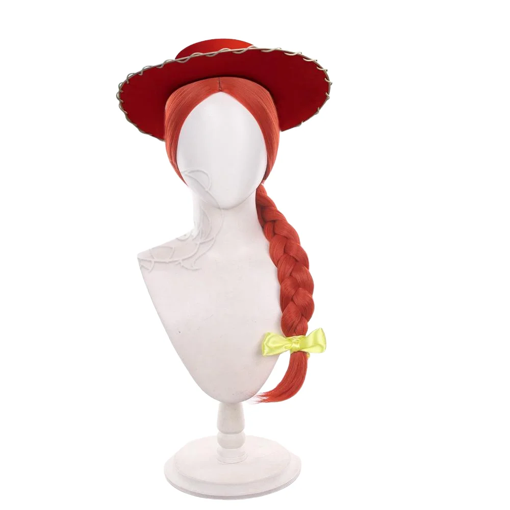 Movie Cowgirl Jessie Cosplay Wig 75cm Long Red Braided Synthetic Hair with Yellow Ribbon Bow Halloween Heat Resistant Fiber Wig