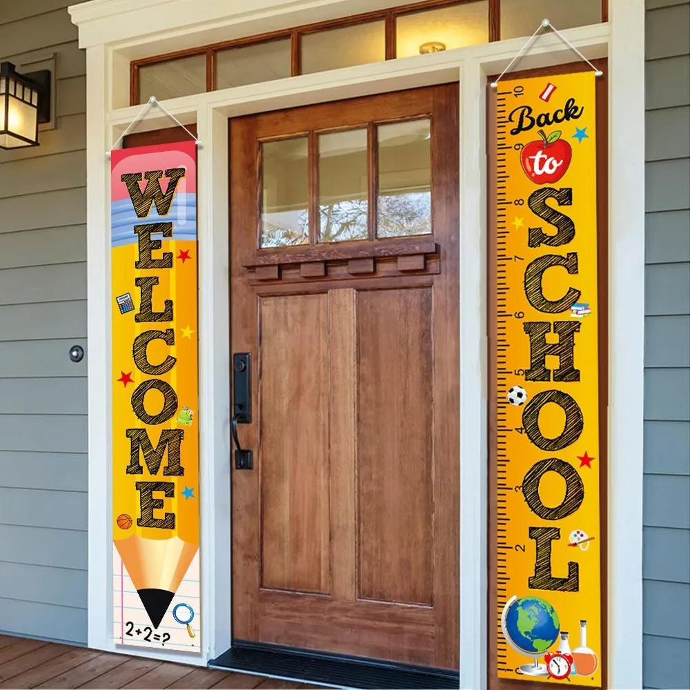 Back to School Door Banner Set, "Welcome" & "Back to School" Pencil & Ruler Porch Signs for Classroom Party Supplies view 3