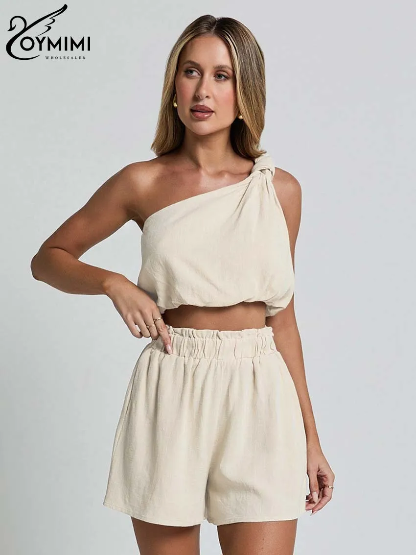 Oymimi Casual Khaki Cotton Two Piece Set For Women Fashion One-Shoulder Sleeveless Crop Tops And High Waist Simple Shorts Sets