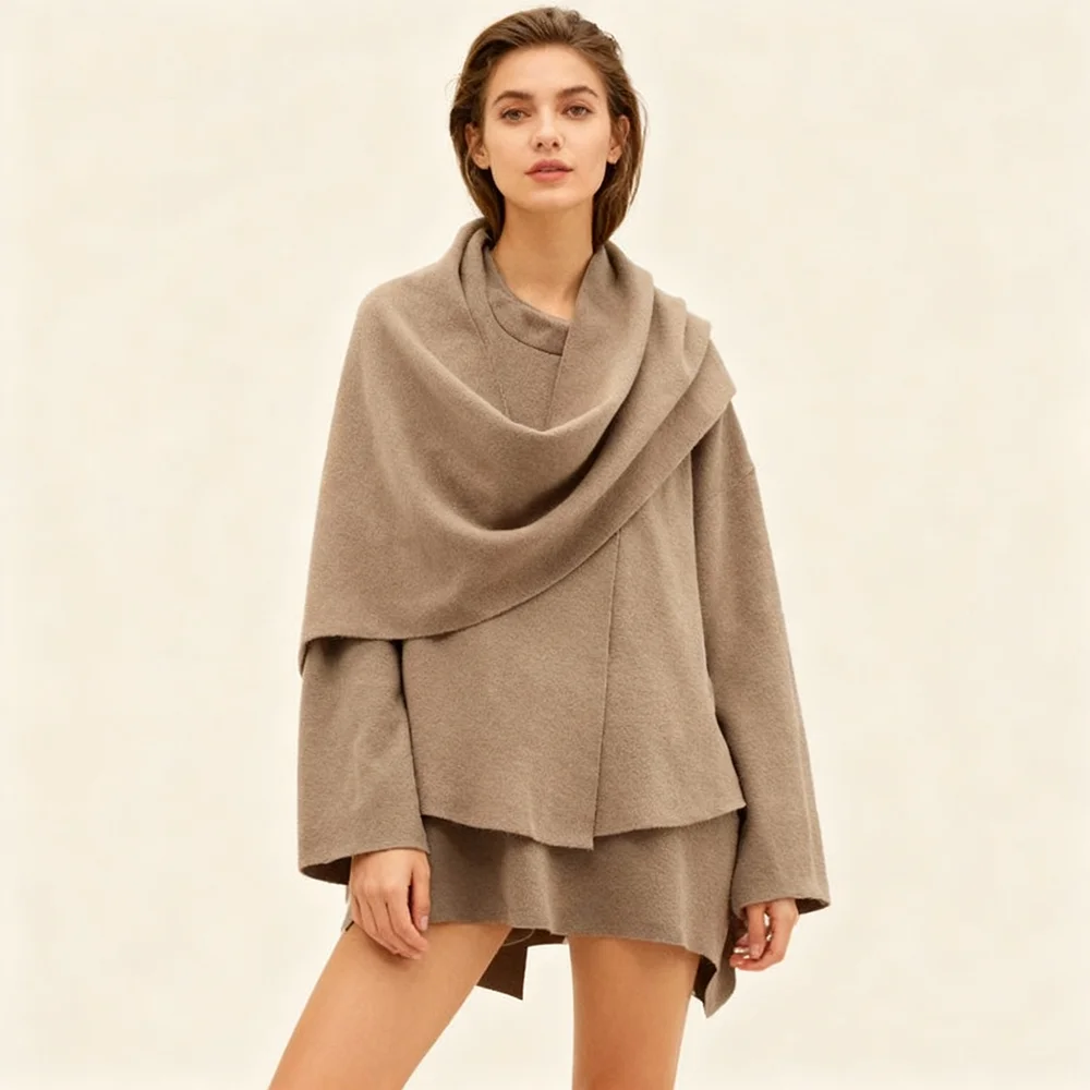 PRINTKAOIR Dámská podzimní zimní bunda Dámský ležérní kabát s pleteným volným oversize kabátem a asymetrickým rozdělením, elegantní šálou - náhled 2