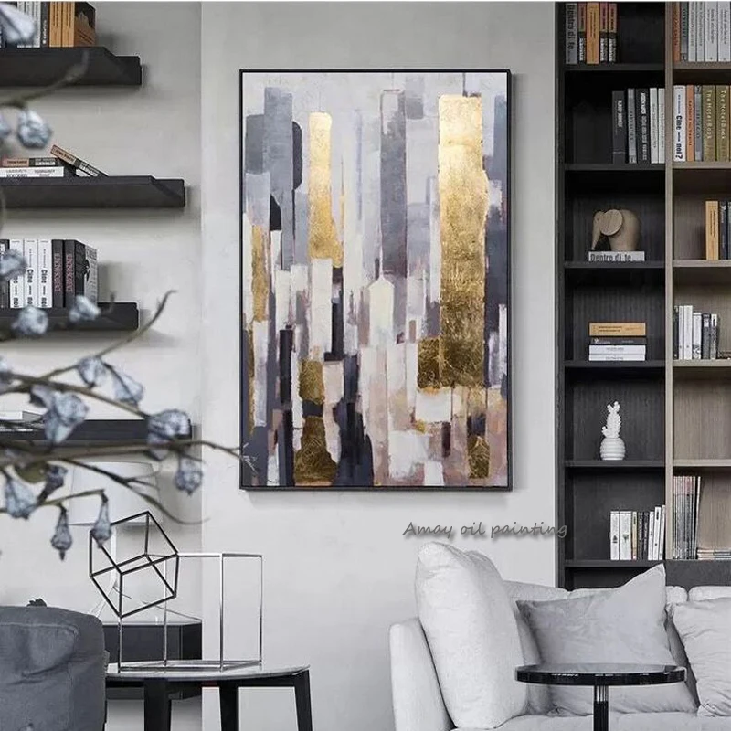 New Gold Mural Painting Golden Leaf Oil Painting Handpainted Skyscraper Abstract Oil Painting Entryway Luxury Home Decor Palette