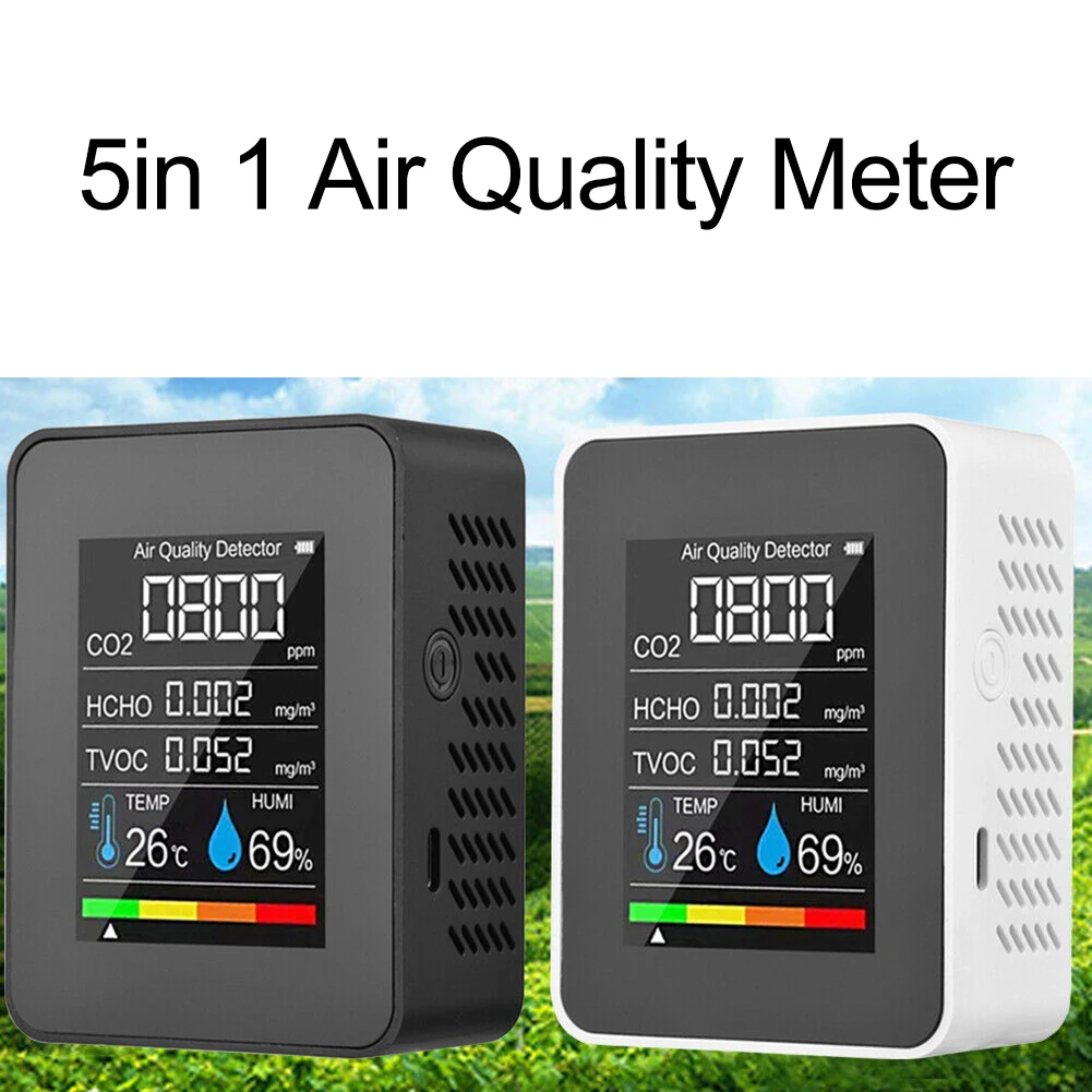 Multifunctional 5in1 Meter Digital Temperature Humidity Tester Carbon Dioxide TVOC HCHO Detector Air Quality Monitor