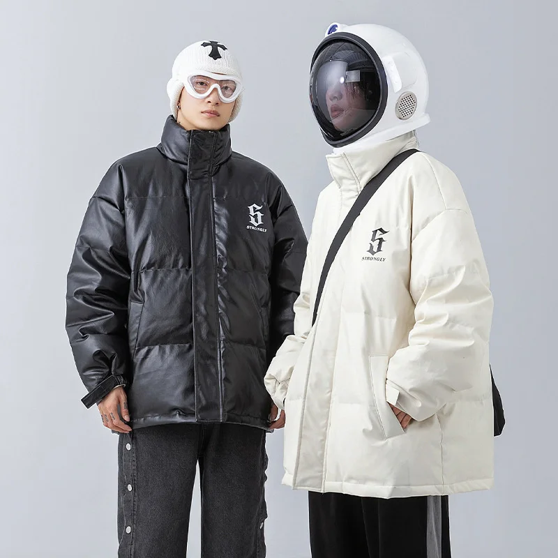Men's Fashion Brand PU Leather Cotton Padded Jacket Coat Women 2022 Winter New Style Couple American Printed Cotton Coat Women