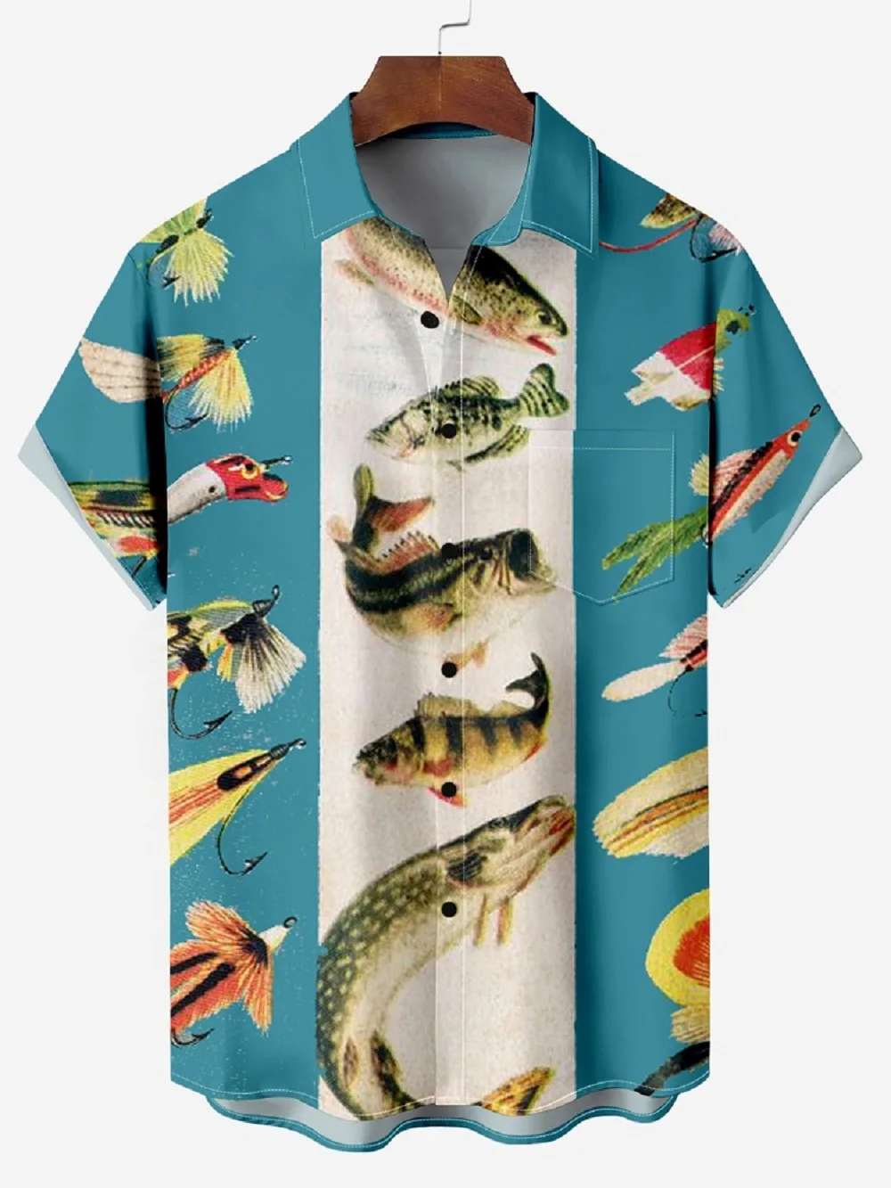 

New Summer Men's Retro 3D Art Printed Striped Fish Pattern Casual And Fashionable Men's Turn-down Collar Oversized Shirt