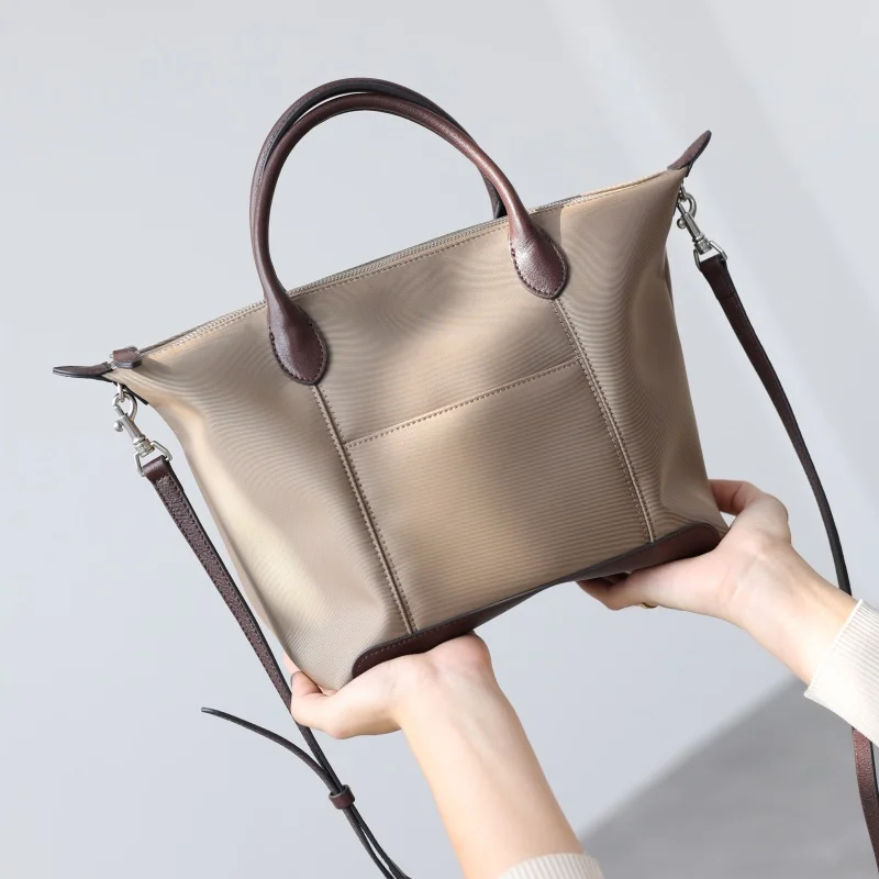 Women Luxury Nylon With Genuine Leather Light Weight Tote Fashion Shoulder Bags Soft Handbag Two Size