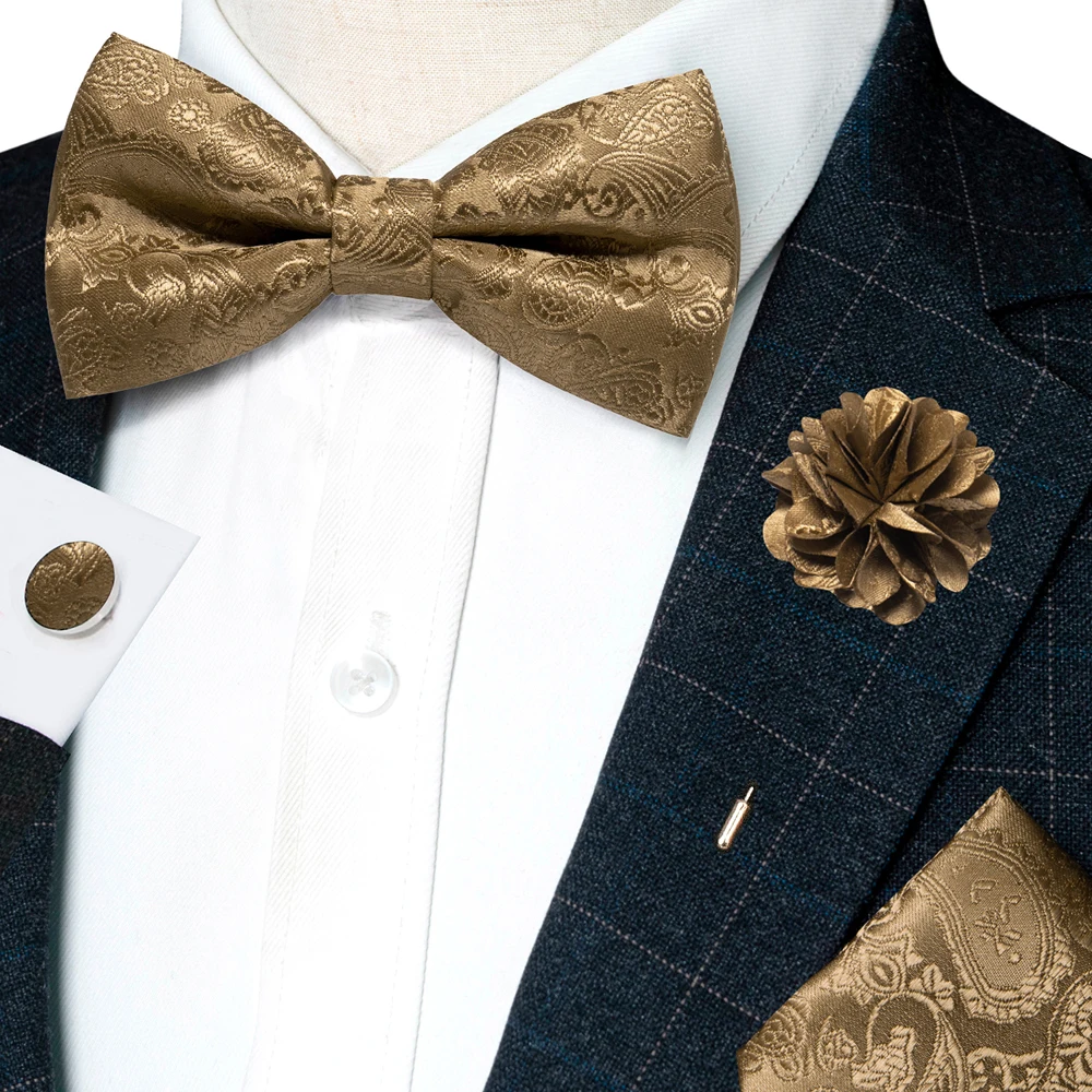 Champagner-Seiden-Jacquard-Paisley-Fliege für Herren, Brosche, Einstecktuch, Manschettenknöpfe-Set, vorgebundene Fliege mit Schmetterlingsknoten für Männer, Hochzeit, Geschäft – Detail 10