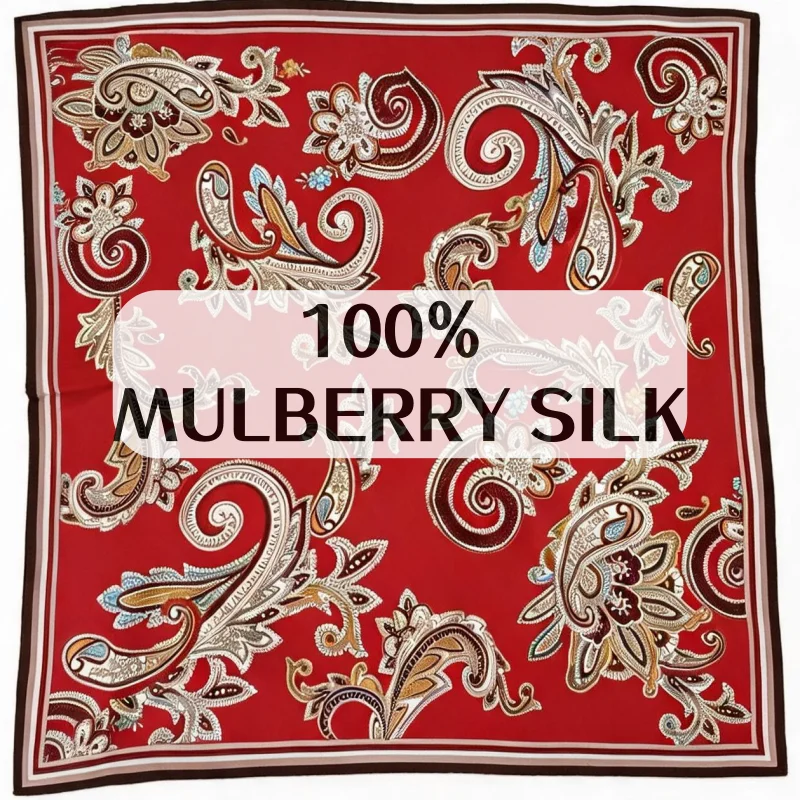 

70cm Wine Red Paisley Floral Square Scarf 100% MULBERRY SILK Vintage Women Neck Bandana Hair Bag Wrap Office Wedding Accessory