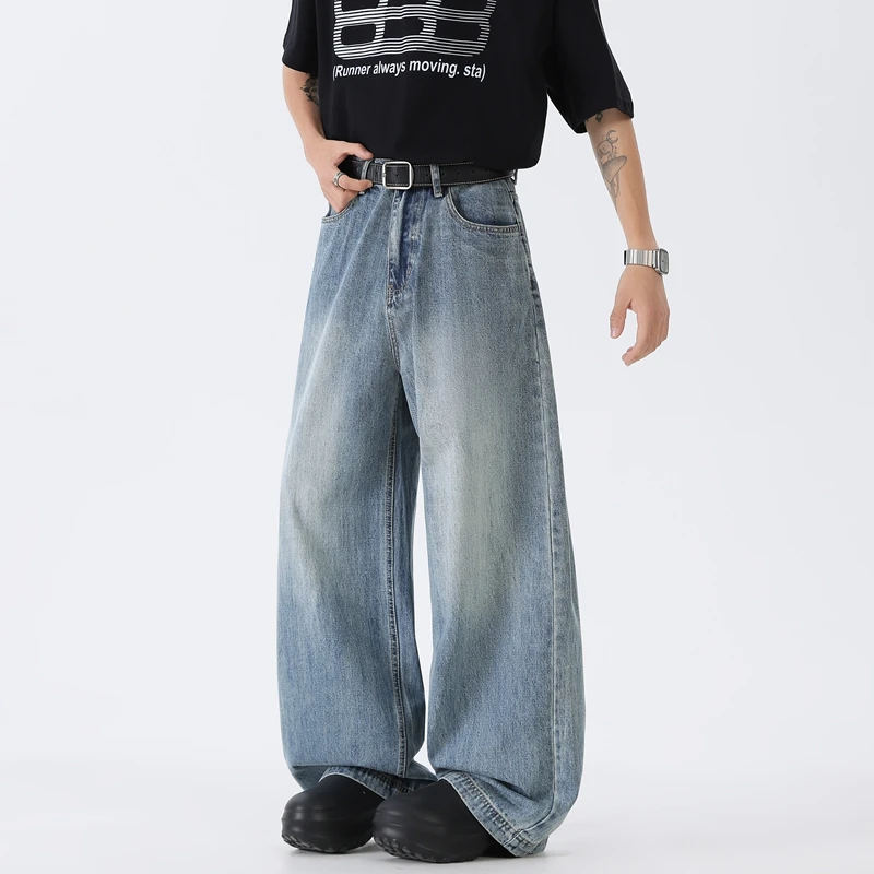 

Новые летние мужские джинсовые брюки, старые синие потертые джинсы на пуговицах, прямая повседневная мужская одежда, свободные широкие брюки, модная уличная одежда