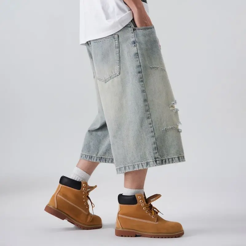 2025 Summer Minimalist  Loose Shorts Blue Retro Washed Ripped  baggy Shorts Jeans Cargo Pants Men Clothing streetwear
