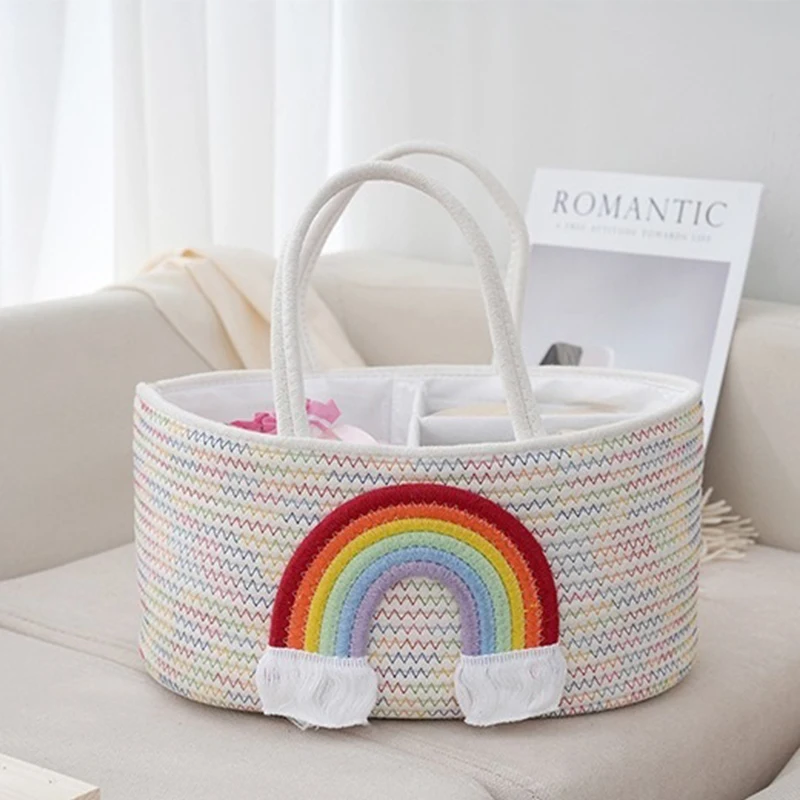 Multi Functional Travel Portable Mommy Bag Cotton Rope Woven Basket Portable Detachable Diaper Storage Bag Baby Diaper Storage