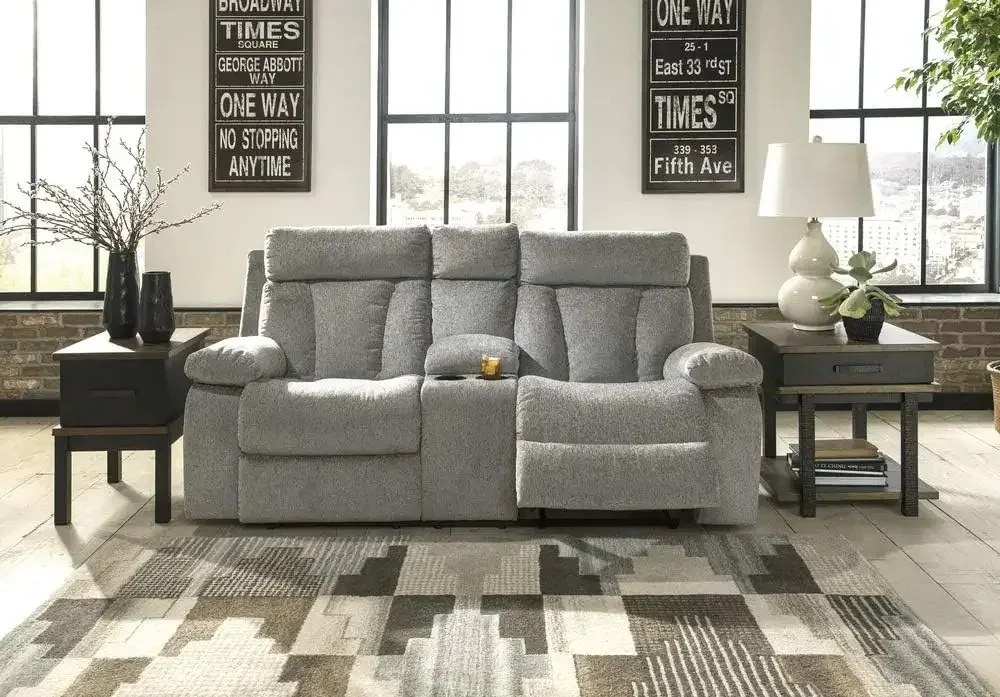 Signature Design by Ashley Mitchiner Contemporary Manual Double Reclining Loveseat with Center Console, Gray