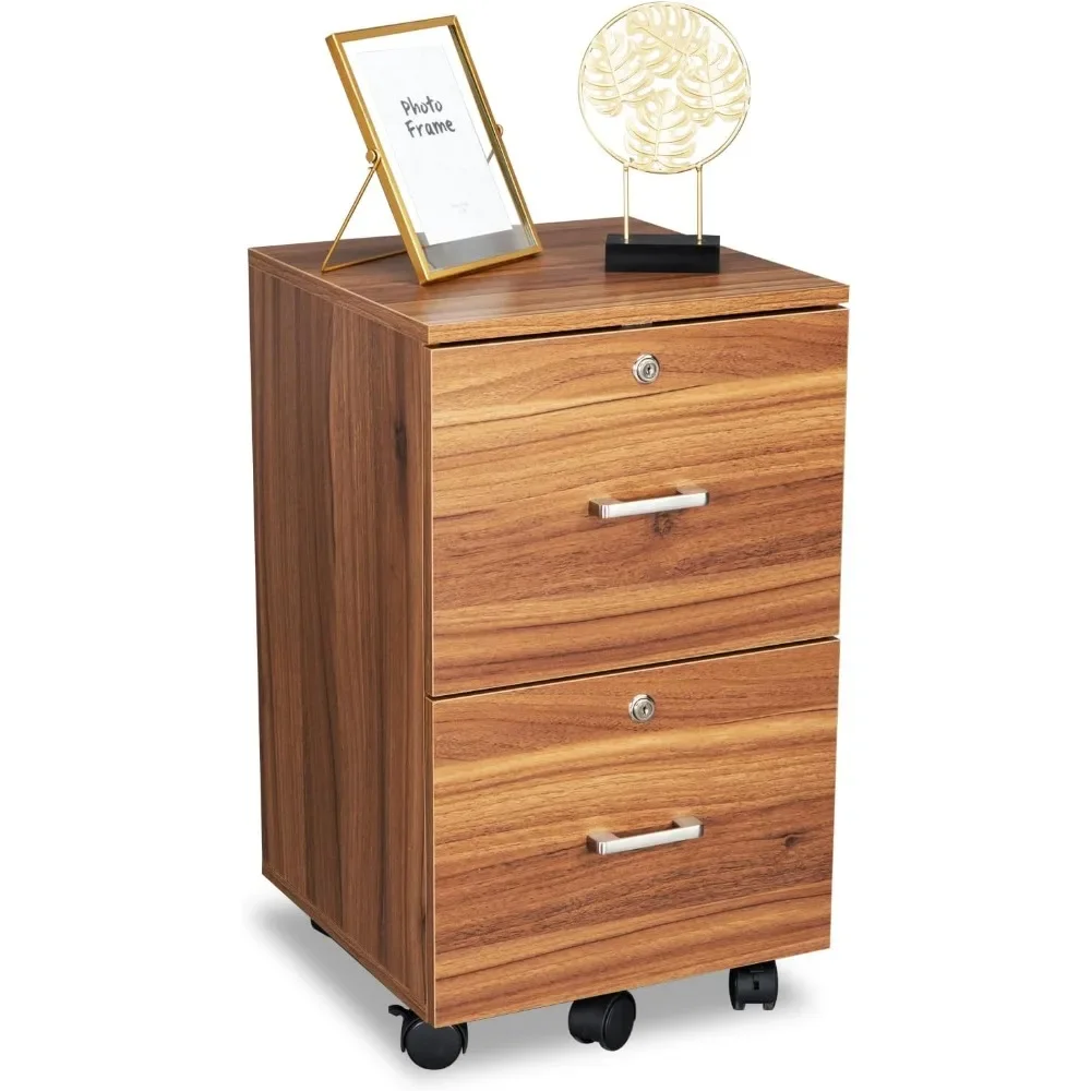 2 Drawer File Cabinet with Lock, Wood Grain Walnut File Cabinet for Letter Size File Folders with Tabs