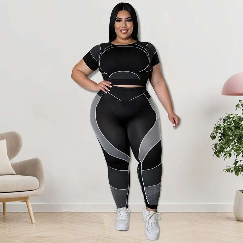 Plus Size Sets Women\'s Clothes Tracksuit Short Top and Pant Two Piece Sets Gym Joggers New Sports Outfits High Elastic Yoga Set