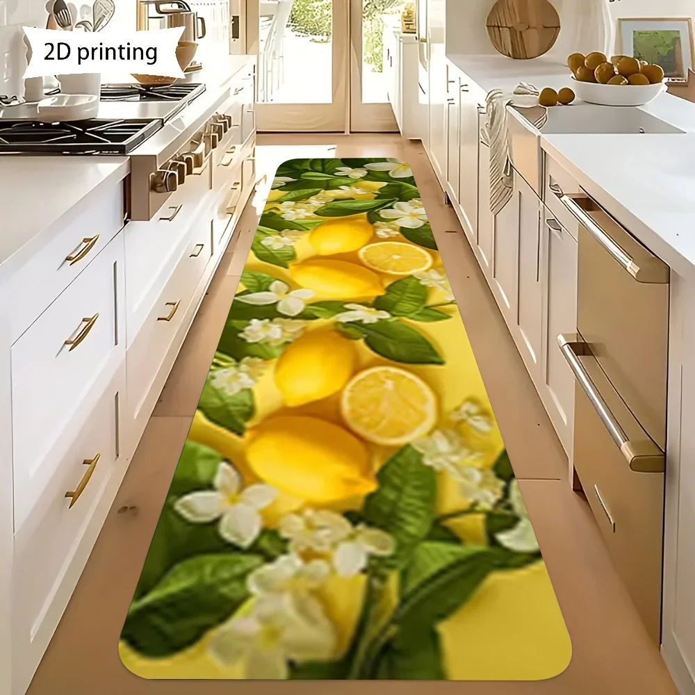 1pc, Long Rug with 2D Printed Design, Thickened Ultra Soft And Comfortable Lemon White Floral Green Leaf Yellow Themed Design,