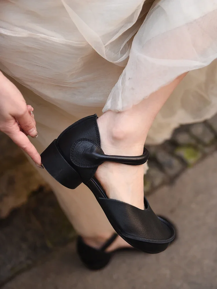 Birkuir Retro Closed Toe Thick Heel Shoes For Women Genuine Leather Hook Loop Luxury Round Heel Shoes Black Ladies Sandals