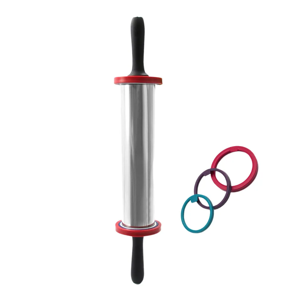11 Inches Large Size Adjustable Stainless Steel Rolling Pin with Nonstick Surface Ergonomic Handle Thickness Rings for Pizza