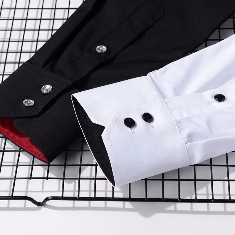 Fashion White Dress Shirt for Men - Slim Fit Casual Business Shirt with Drill Buckle Turtleneck Button Down Collar Long Sleeves