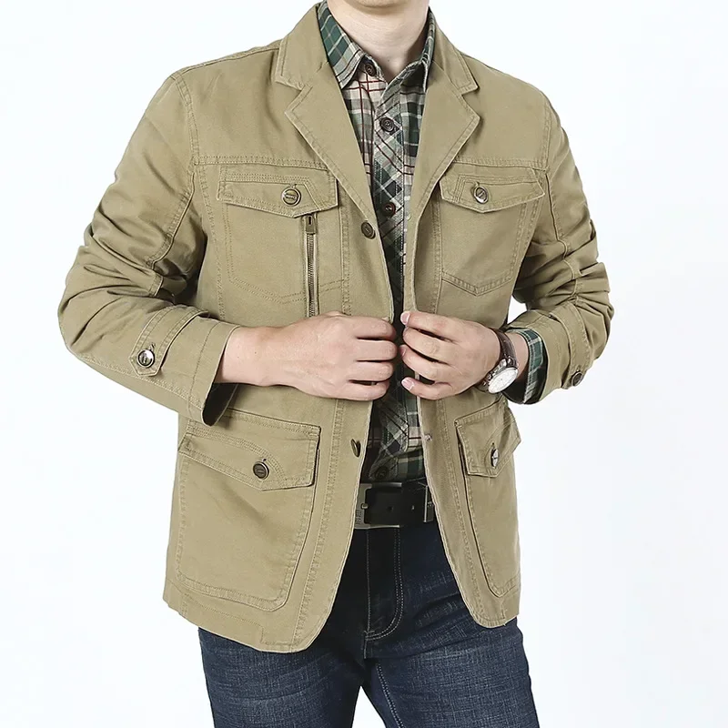 2022 Spring Fall Men Military Blazer Jacket Autumn Casual Cotton Washed Solid Coats Army Bomber Suit Jackets Denim Cargo Trench