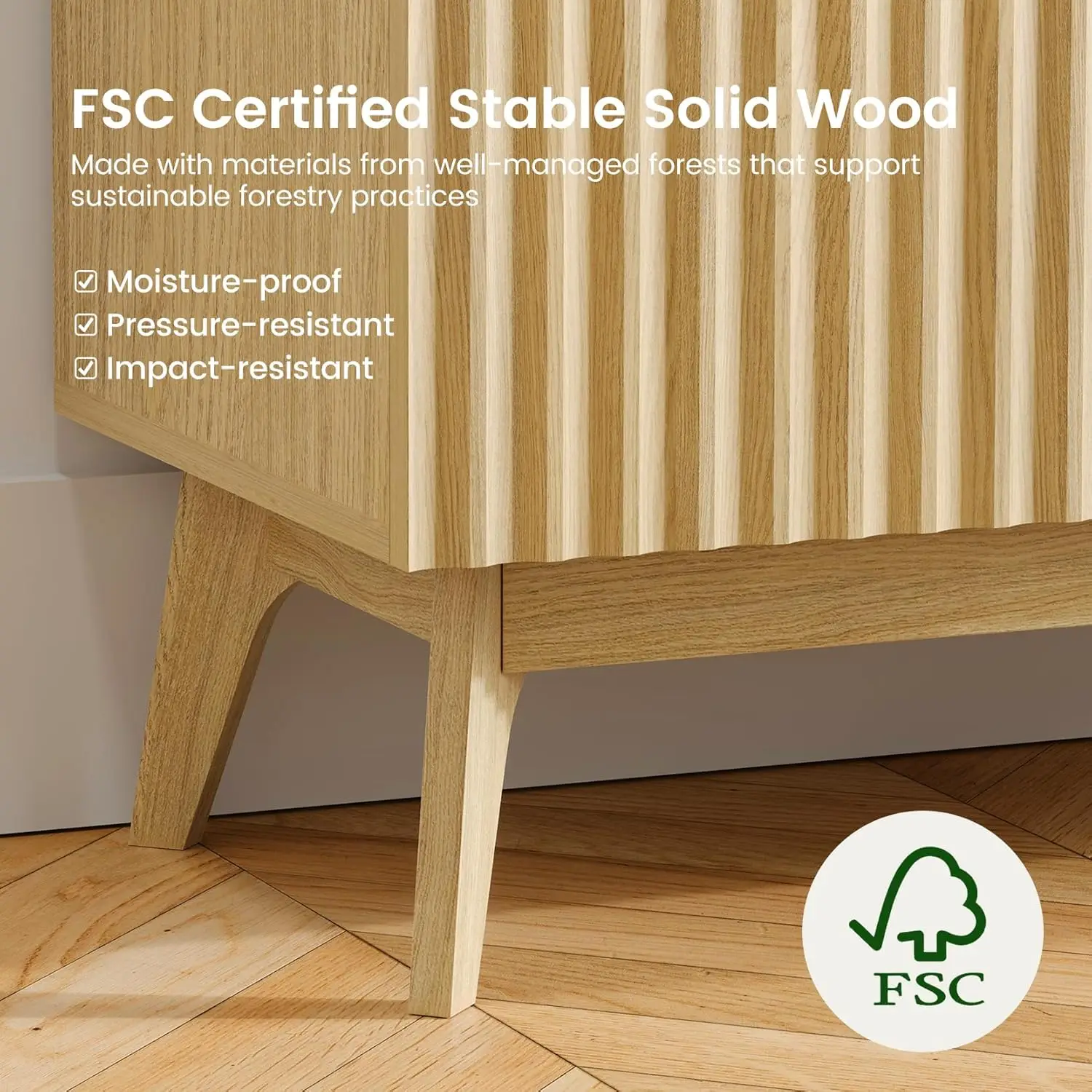 Fluted Buffet Sideboard Oak, Modern Storage Cabinet With Storage, Accent Cabinet With Solid Wood Legs, Console Table With Doors