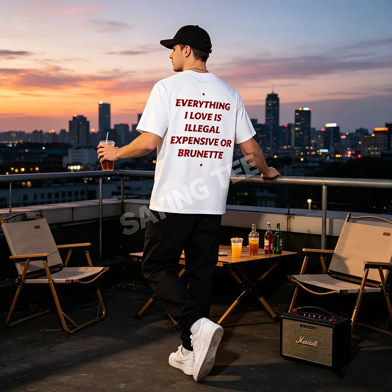Everything I Love Is Illegal Expensive or Brunette Funny T-Shirt Y2k Romantic Dating Relationship Letters Printed Saying Tee