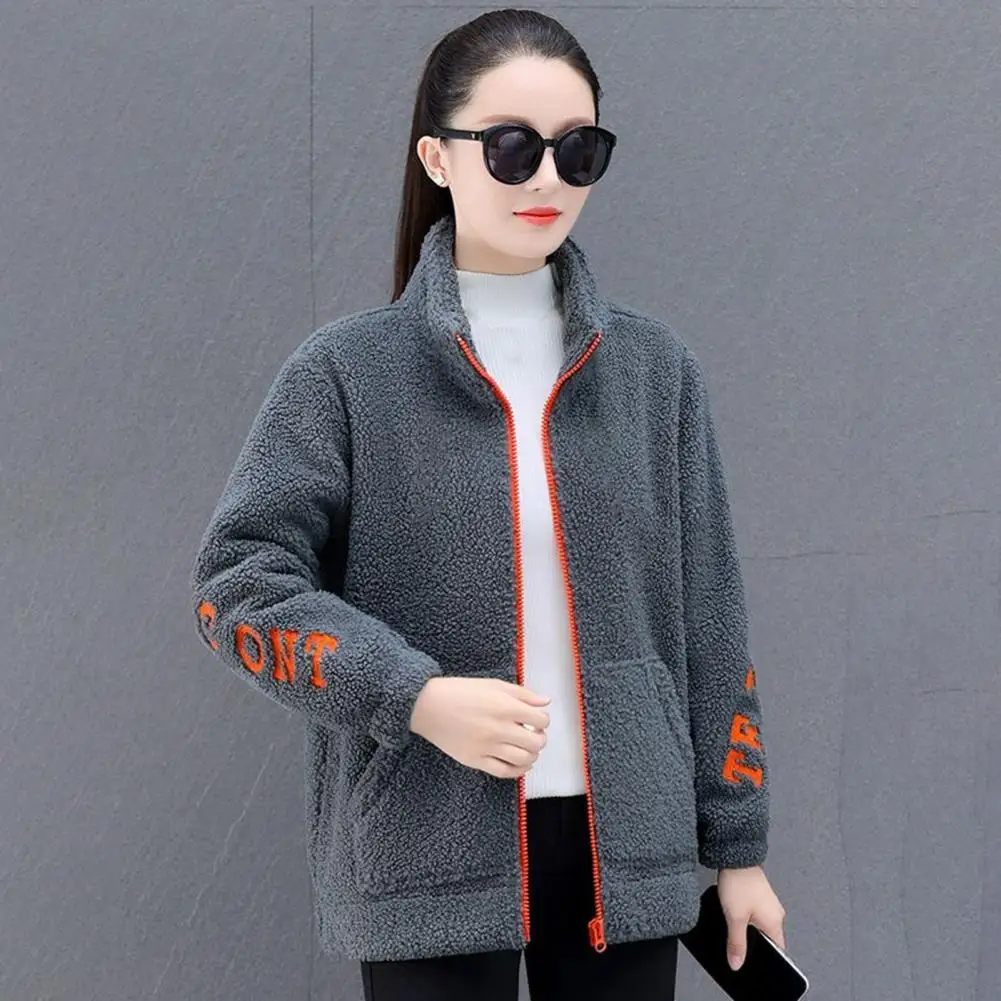Women Thermal Jacket Thick Fleece Winter Coat with Stand Collar Letter Pattern Pockets Warm Mid Length Cardigan Jacket for Women image 4