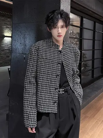 체크무늬 재킷 청소년 가을 겨울 스타일리시 패드 어깨 슬림핏 스탠드 칼라 남성용 재킷 자켓 코트 재킷