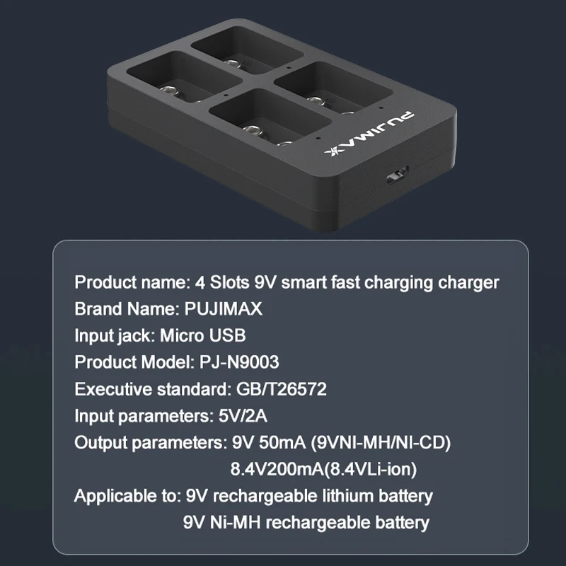 PUJIMAX 9V LED Display Battery Charger 4 Slots Independent Slot Smart Fast Charging For 9V NiMH/NiCd/Li-ion Rechargeable Battery