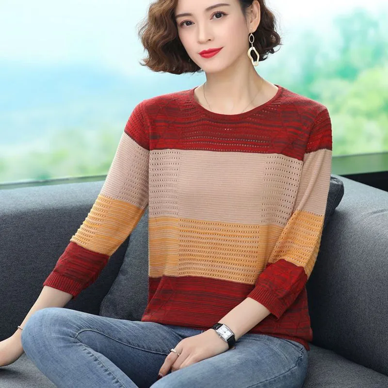 

Women Spring Striped Knitted Pullovers Tops O-neck Half Sleeve Summer Hollow Out T-shirt Pull Jumpers Female Cool Pullover