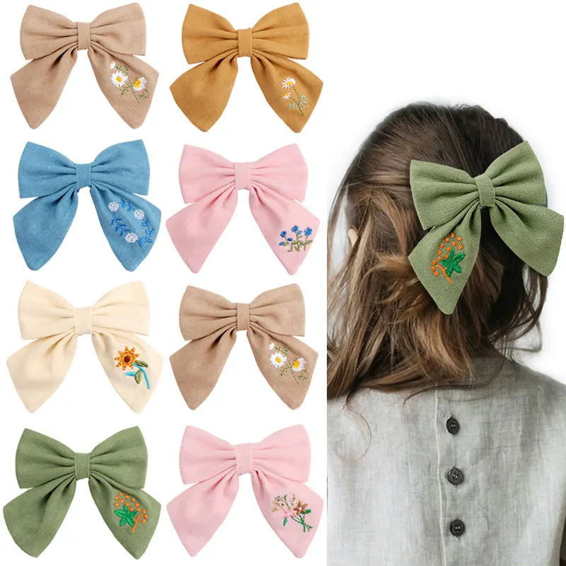 Sweet Girls Embroidered Hair Clips Daisy Flower Bowknot Hairpins Barrettes Hair Bows Ornament Headwear Kids Hair Accessories