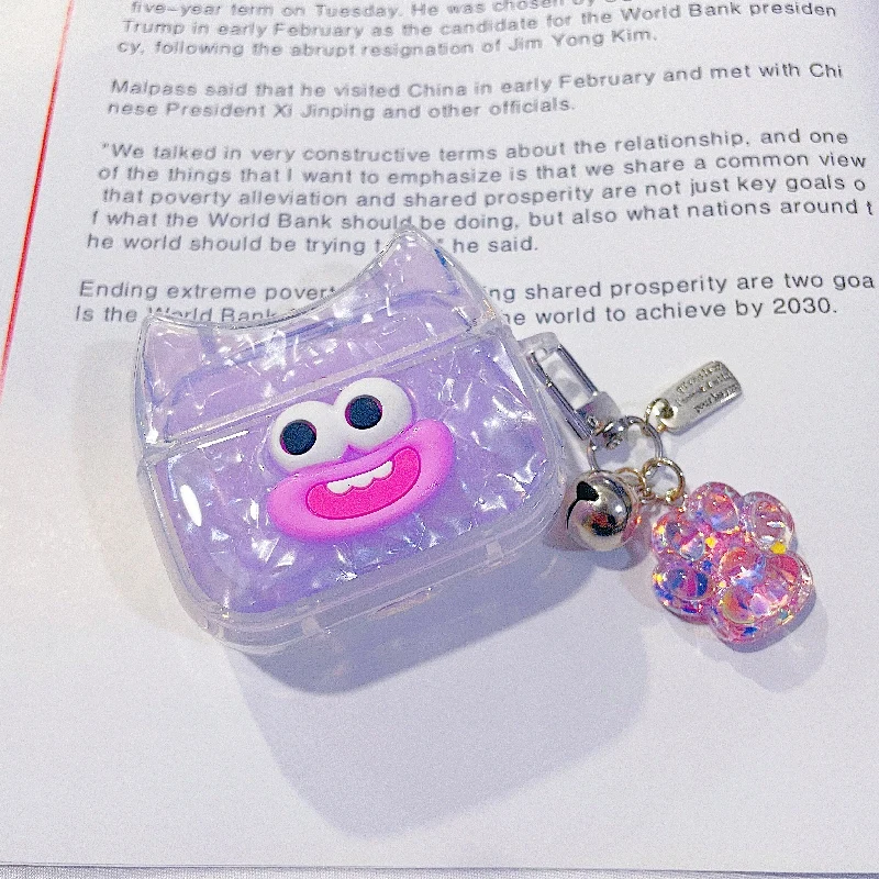 Cute monster cat ear big mouth headphone case protective cover with bell shaped keychain cartoon headphone case