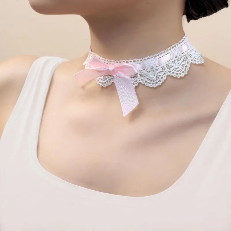Vintage Bow-Knot Choker Necklace for Women Girls  Sexy Lace Collar Necklace Cute Pink Prom Party Ball Wedding Necklace