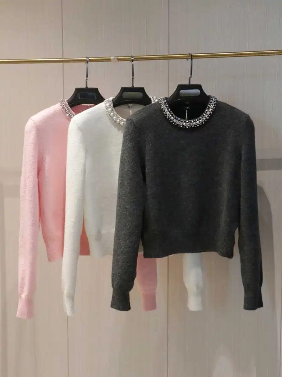 Designer Crystal Knit Short Sweater Women's Top Diamonds Beading Knitwear 2024 Autumn Winter Women PUllover