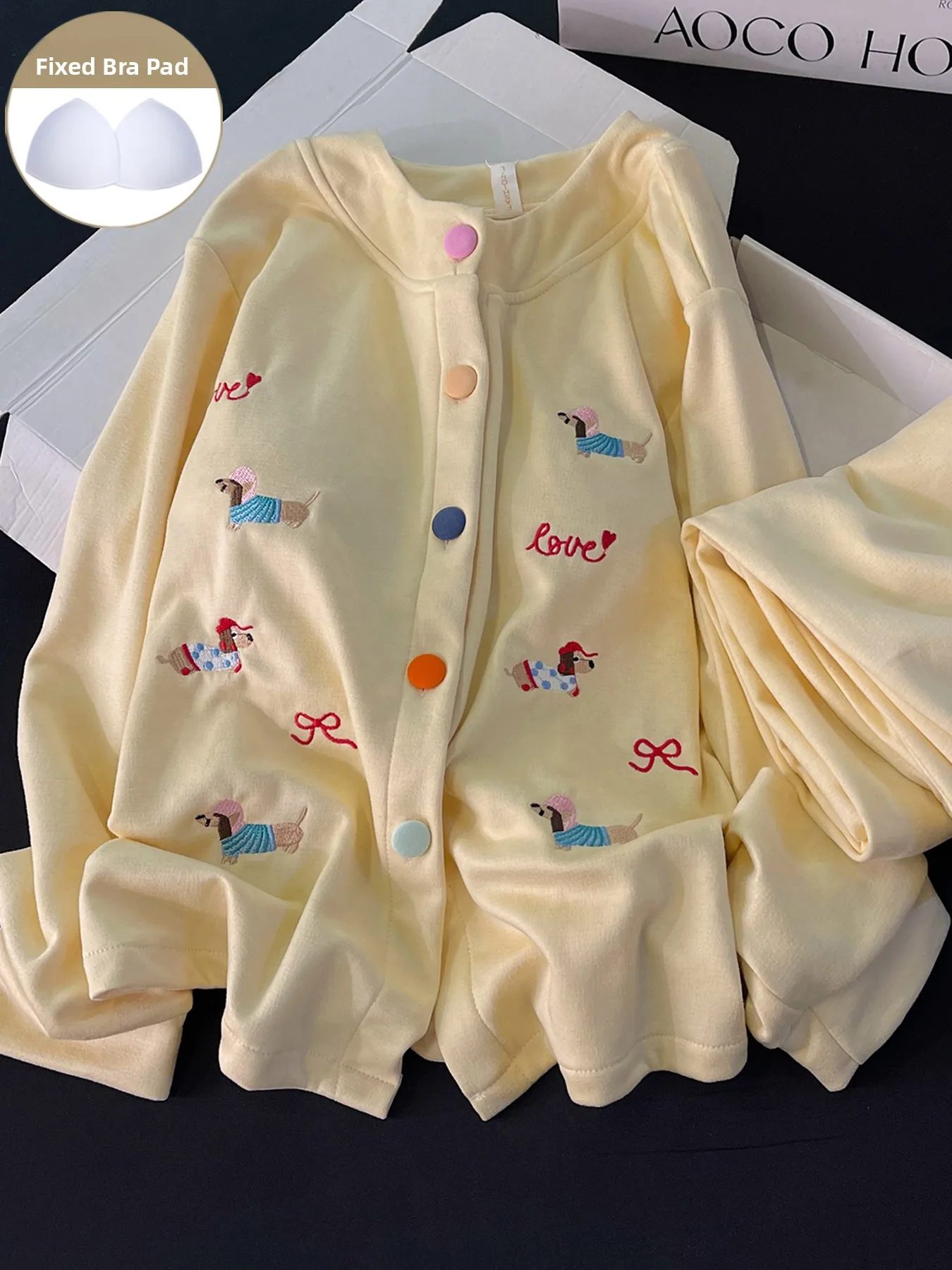 

Warm Camere Spwear Women's New Sle Autumn Winter Yellow Doggie Cotton Home Clothes Set with Chest Pad Korean Sle