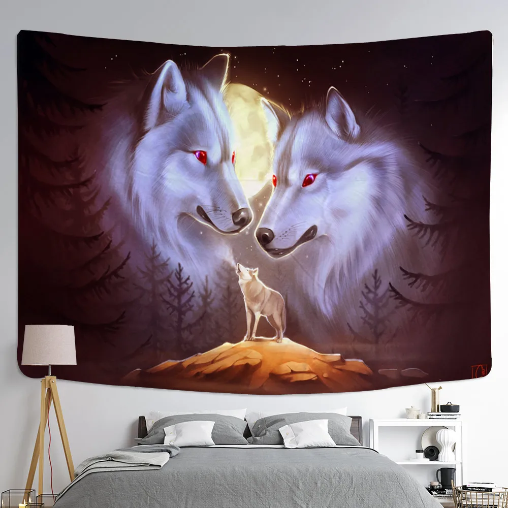 

Three Wolves Holy Animals Tapestry Decoration Wall Hanging Lion Wolf Tiger Pattern Background Wall Tapestry Home Textile