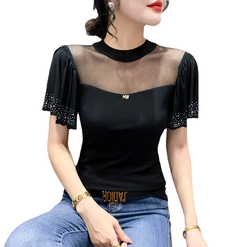 

Summer Mesh Tshirt Women Fake Diamonds Ruffles Short Sleeve Tee T-Shirts Lady Stretchy Tops