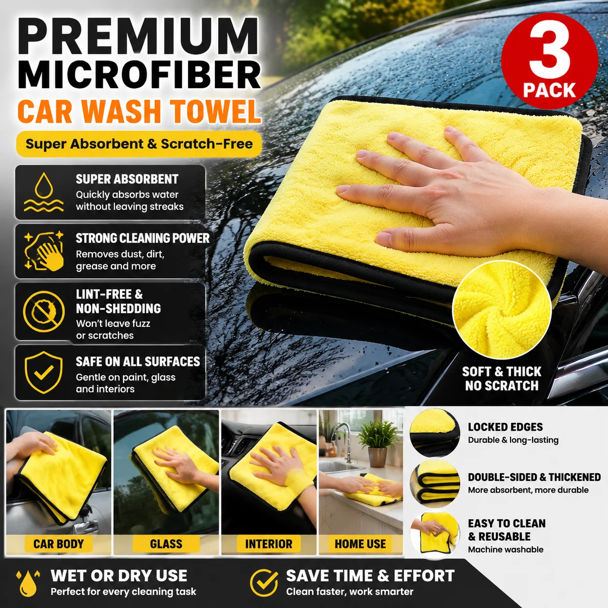 Microfiber Car Wash Towel Super Absorbent Scratch Free Cleaning Cloth Lint Free Auto Detailing Drying Towel for Car Body Glass
