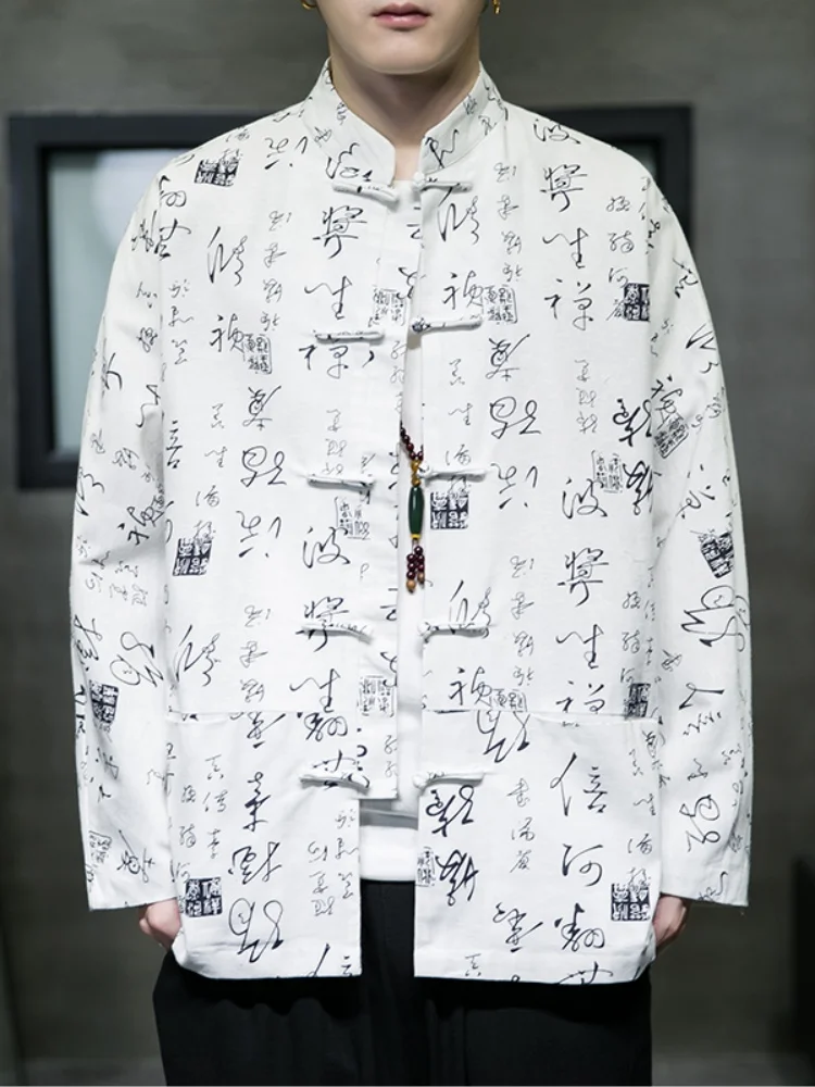 

New Chinese Sle Men's Jaet Autumn Outerwear Textile Print Rvated Hanfu Loose Fit Long Sve Breathable Youth Faion