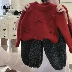 Childrens Clothing Set 2024 Sweater New Baby Red Sweet Knot Knitted Floral Pants Fashionable Cute Clothing Trend