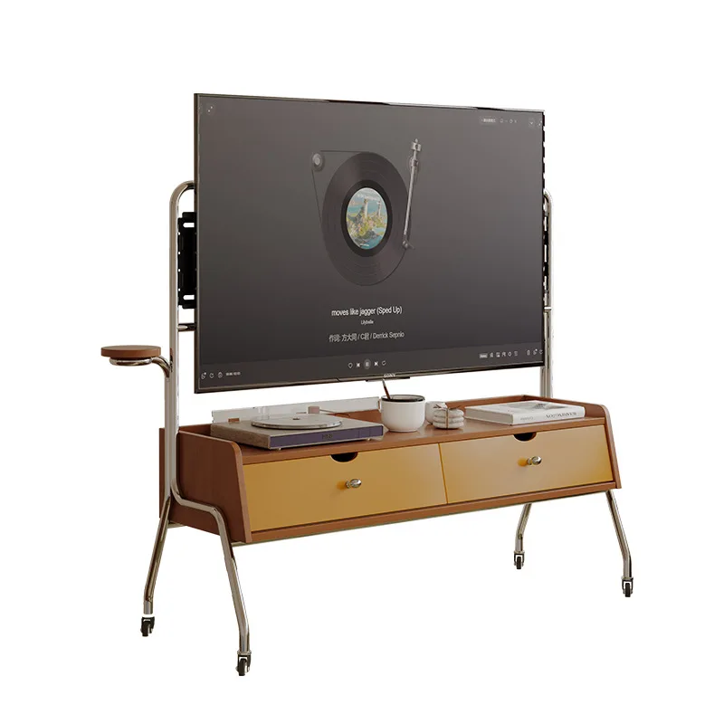 

Medieval style living room TV rack, small apartment bedroom retro floor wabi sandy wind mobile monitor TV rack