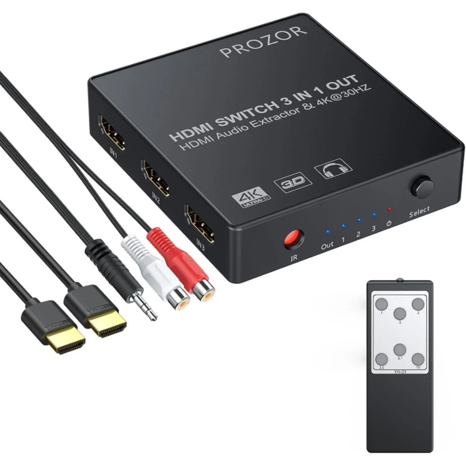 

Переключатель 3x1 HDMI с аудиоэкстрактором 3-портовый преобразователь 4K Аналоговый оптический выход Toslink SPDIF с ИК-пультом дистанционного управления 3,5–2 RCA-кабеля
