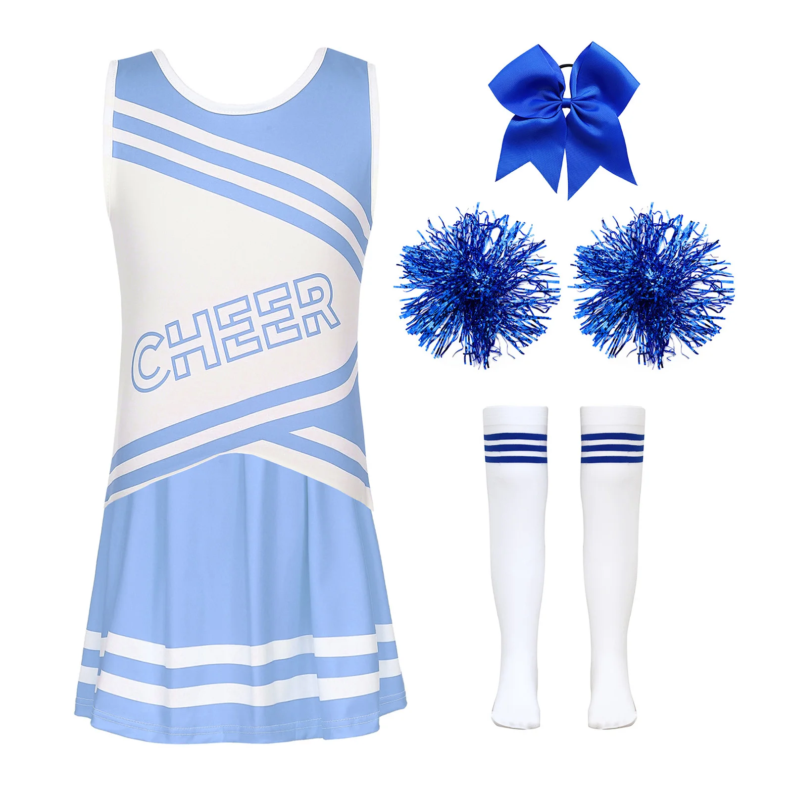Children Cheer Dance Outfit Girls Cheerleading Uniforms Uniform Set with Flower Balls Socks Sleeveless Cheerleader Costume
