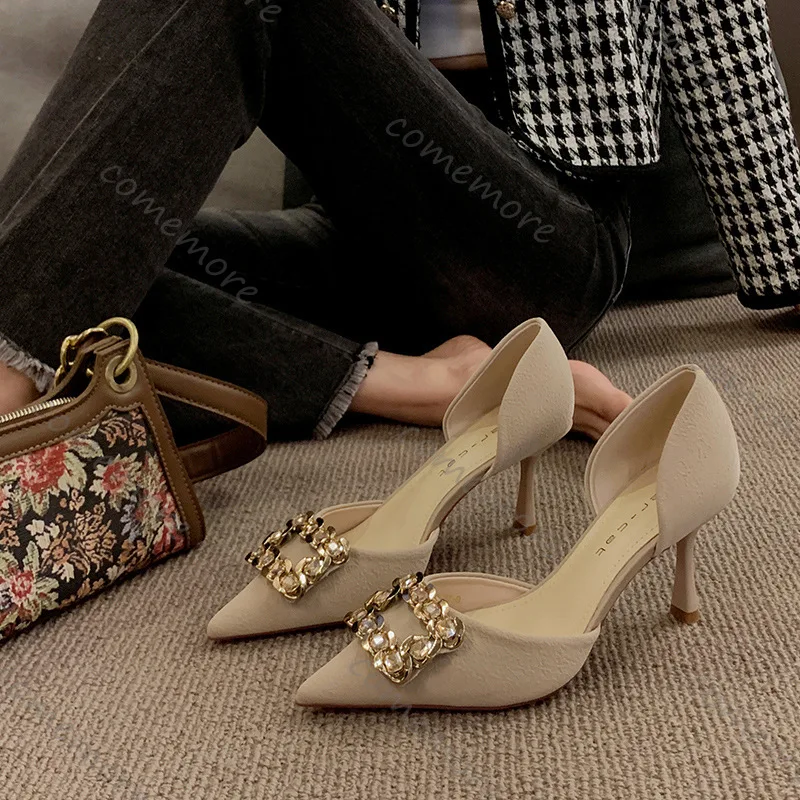 

Comemore, черные туфли на высоком каблуке со стразами, весенне-осенняя новая женская обувь, темпераментные туфли-лодочки с квадратной пряжкой, женские туфли на шпильке 8 см